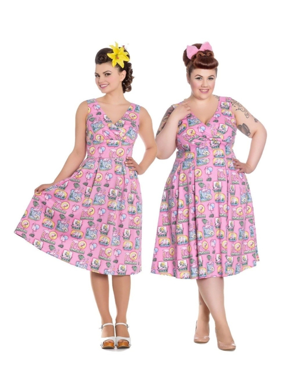 Hell Bunny Vixen Flamingo Sunset Swing Dress Large Pink Rockabilly 50s Pinup